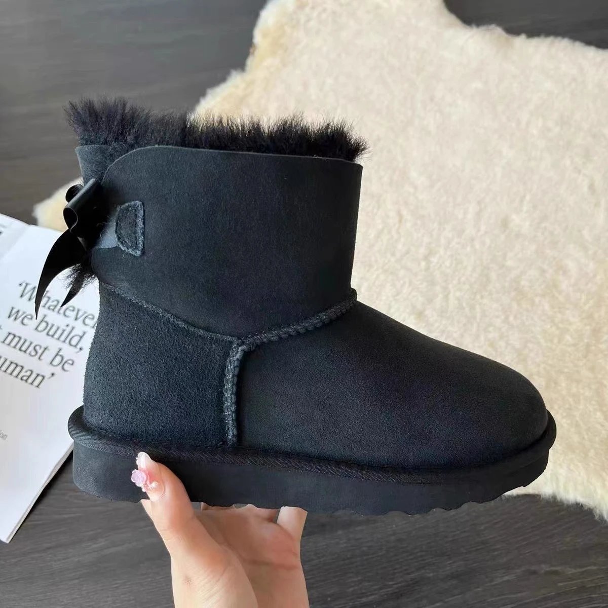 Unbranded Boots Faux-Fur Trim Bow Ankle Snow — Black [Economy Edition】