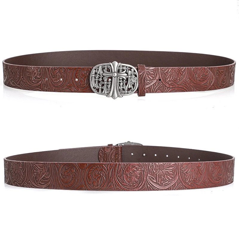 Unbranded Belts Embossed Floral Belt with Ornate Cross Buckle — Brown-E