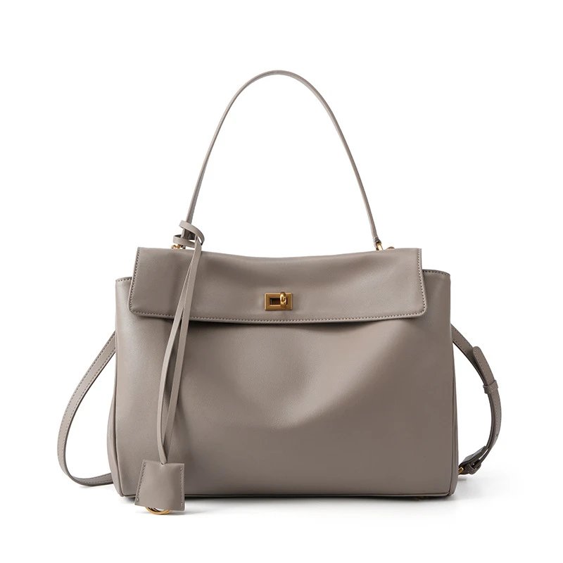 Unbranded Handbags Top-handle handbag with flap and turn-lock closure — Milk tea large gold buckle (high-grade cowhide)