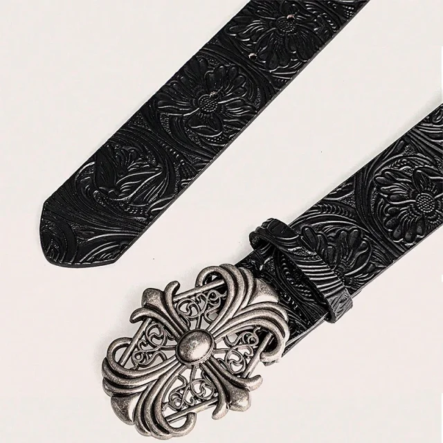 Unbranded Belts Embossed Floral Belt with Ornate Cross Buckle product detail image 3
