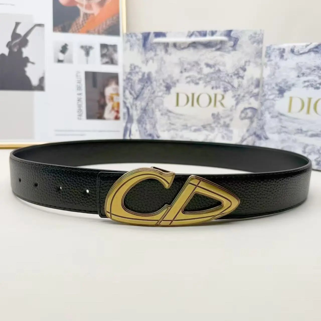 Dior Belts CD Buckle Pebbled Leather Belt — 3.8 Litchi Pattern Bronze Buckle