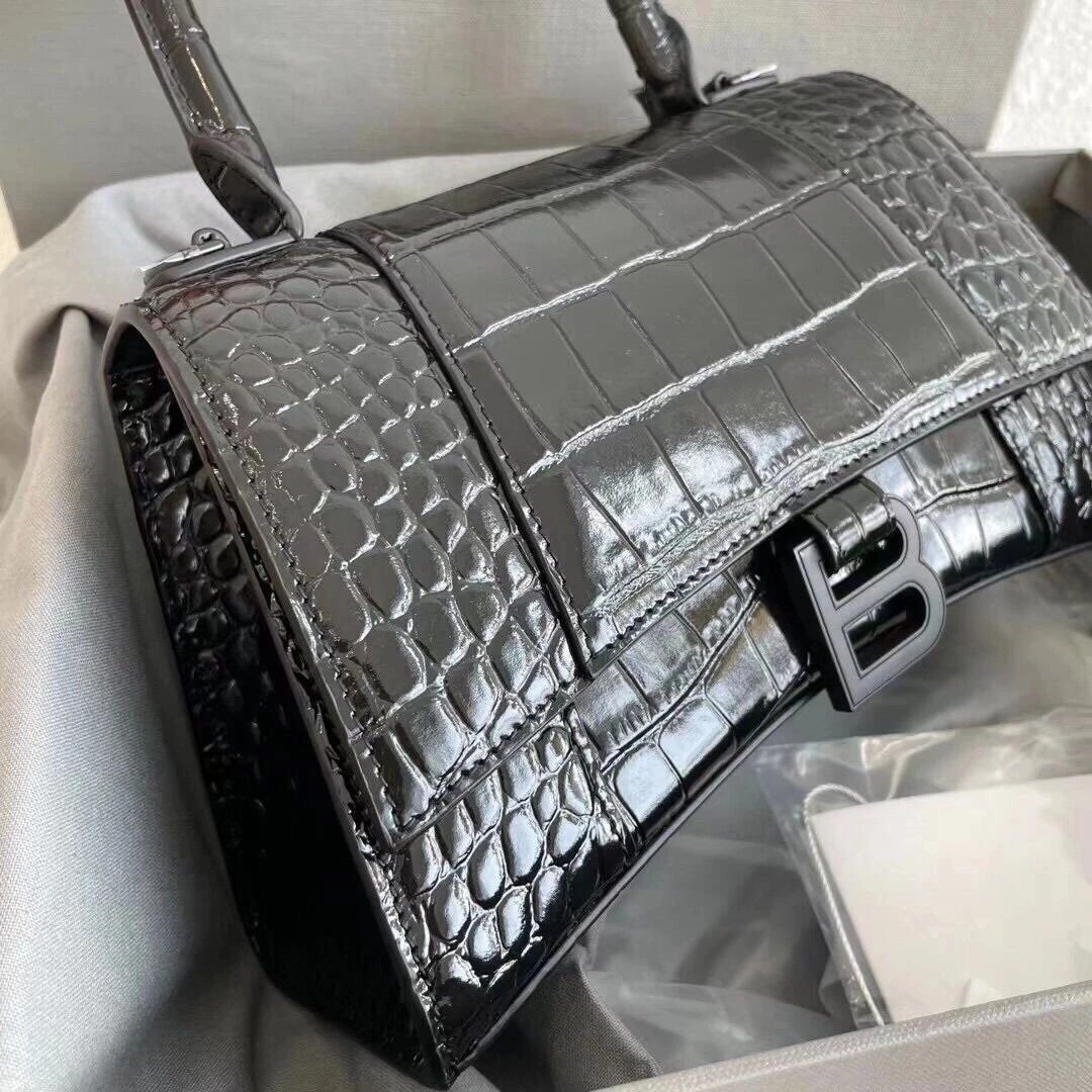 Unbranded Handbags Crocodile-Embossed Top-Handle Bag with B Clasp — Black first layer cowhide black buckle 23 cm
