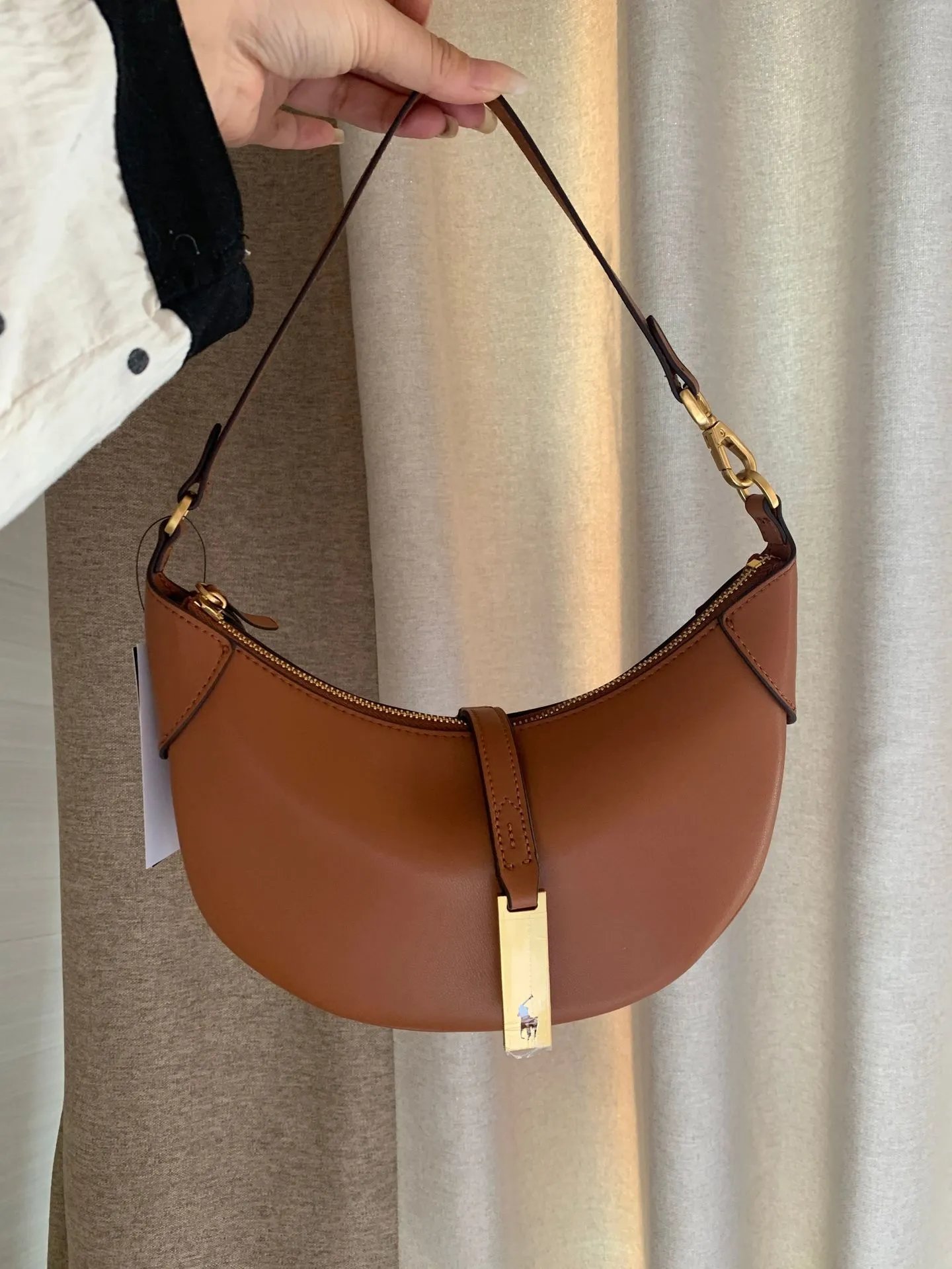 Lauren Ralph Shoulder Bags Mini crescent bag with gold-tone logo plaque — IDmini Brown【26*4*20.5 cm】