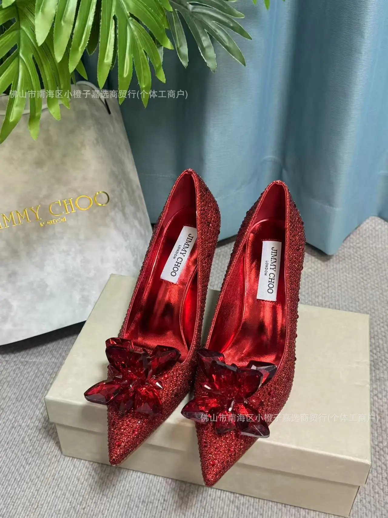 Jimmy Choo High Heels Pointed-Toe Crystal Flower Pumps — Burgundy 5cm