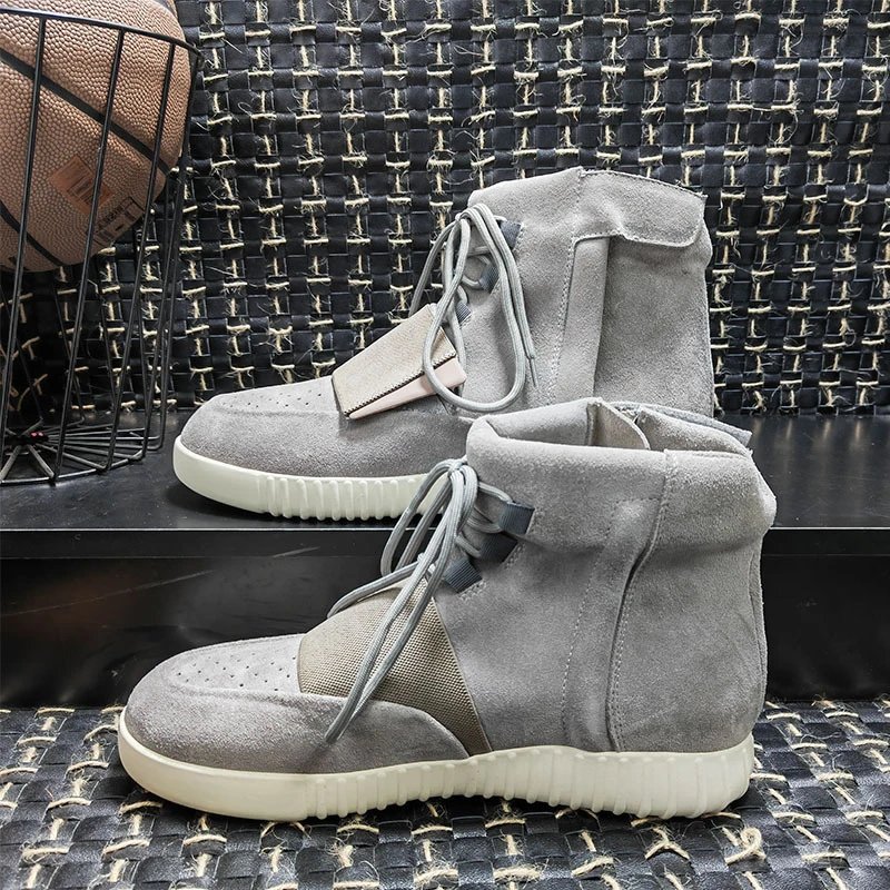 Unbranded Boots High-top suede lace-up with wide vamp strap and ribbed sole — Gray face with a white background