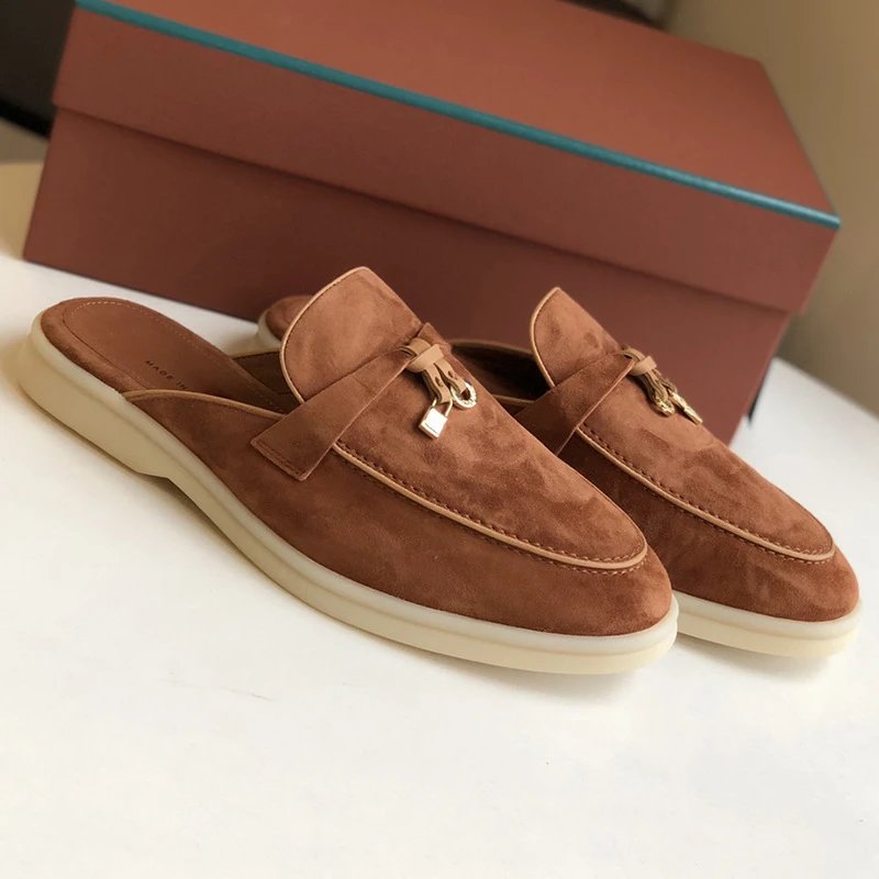 Unbranded Slippers Suede Loafer Mules with Metal Ornament — Clove Brown/Apricot [original elevation version】
