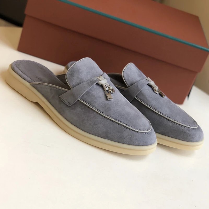 Unbranded Slippers Suede Loafer Mules with Metal Ornament — Grey/White [original elevation version】