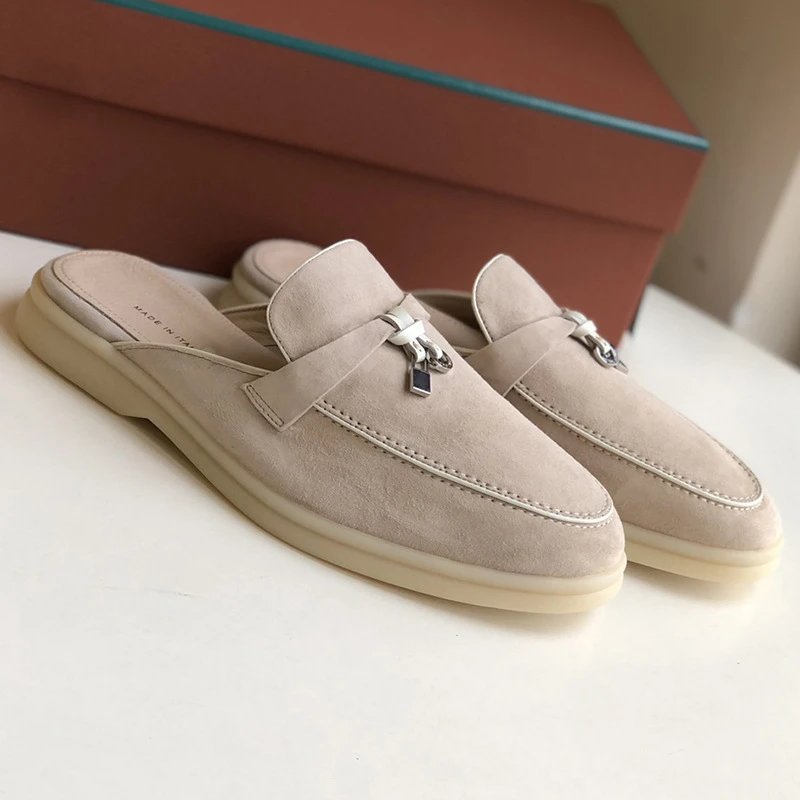 Unbranded Slippers Suede Loafer Mules with Metal Ornament — Naked/White [Original Elevation Version】