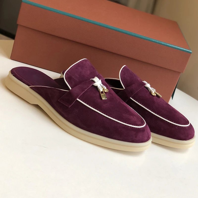 Unbranded Slippers Suede Loafer Mules with Metal Ornament — Red sandalwood/white [original elevation version】