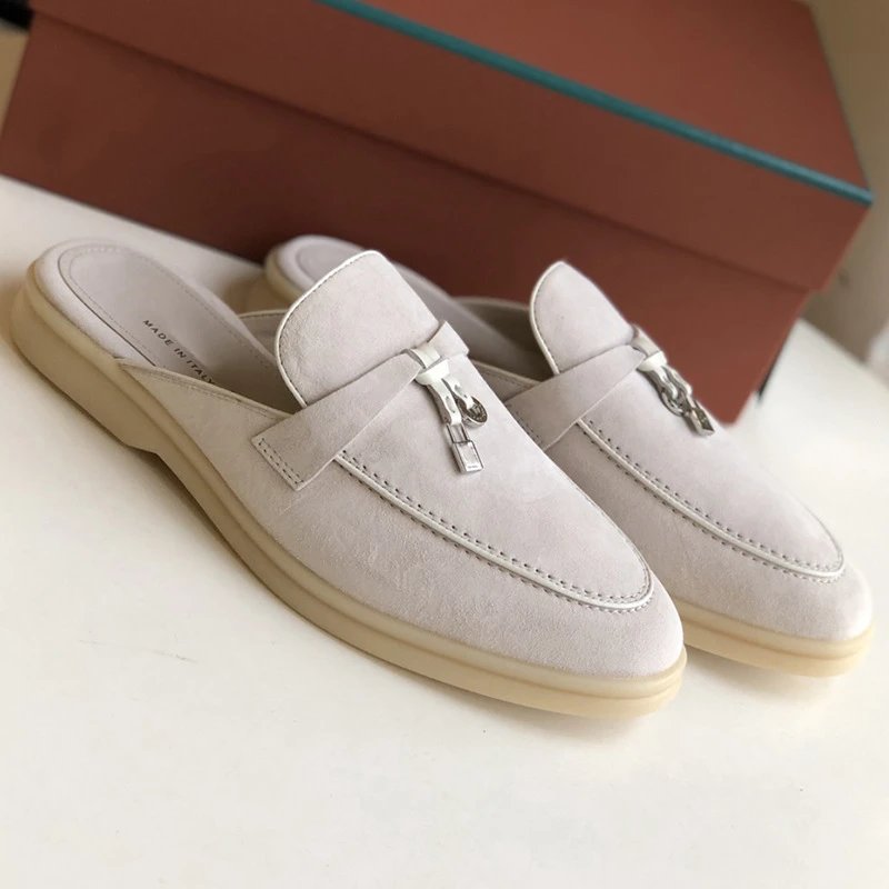 Unbranded Slippers Suede Loafer Mules with Metal Ornament — Gray/White [original elevation version】