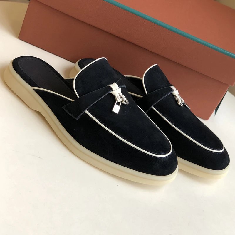 Unbranded Slippers Suede Loafer Mules with Metal Ornament — Moran/White [original elevation version】