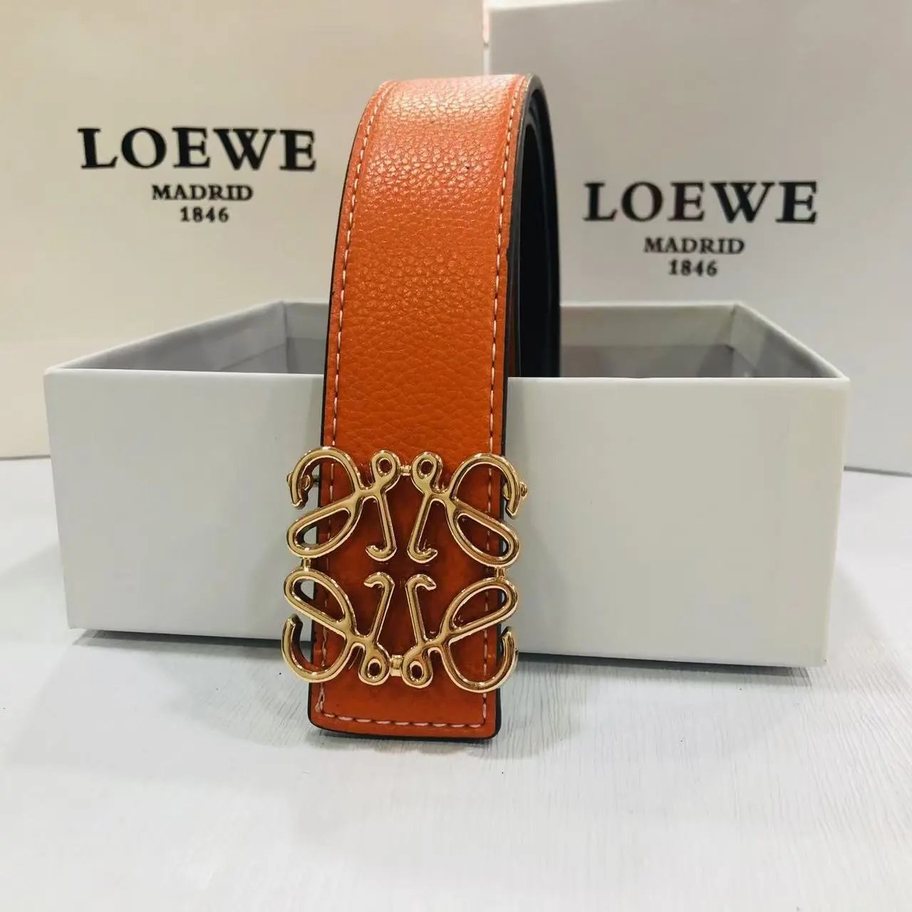 LOEWE Belts Anagram Buckle — Orange gold buckle