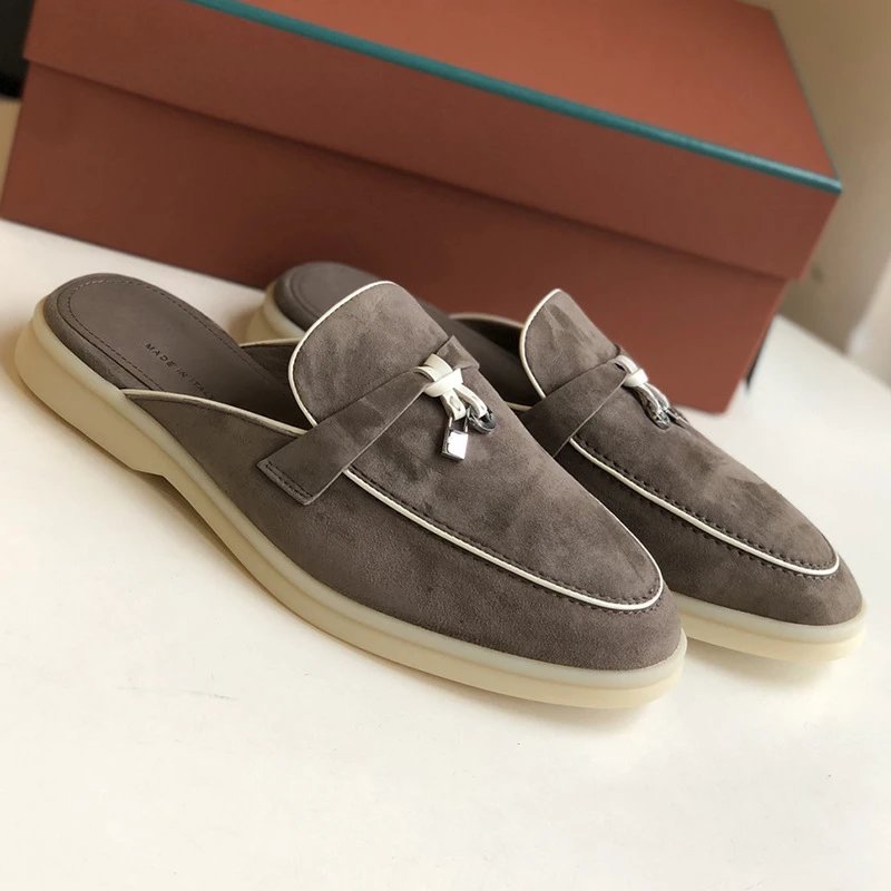 Unbranded Slippers Suede Loafer Mules with Metal Ornament — Night Brown/White [original elevation version】
