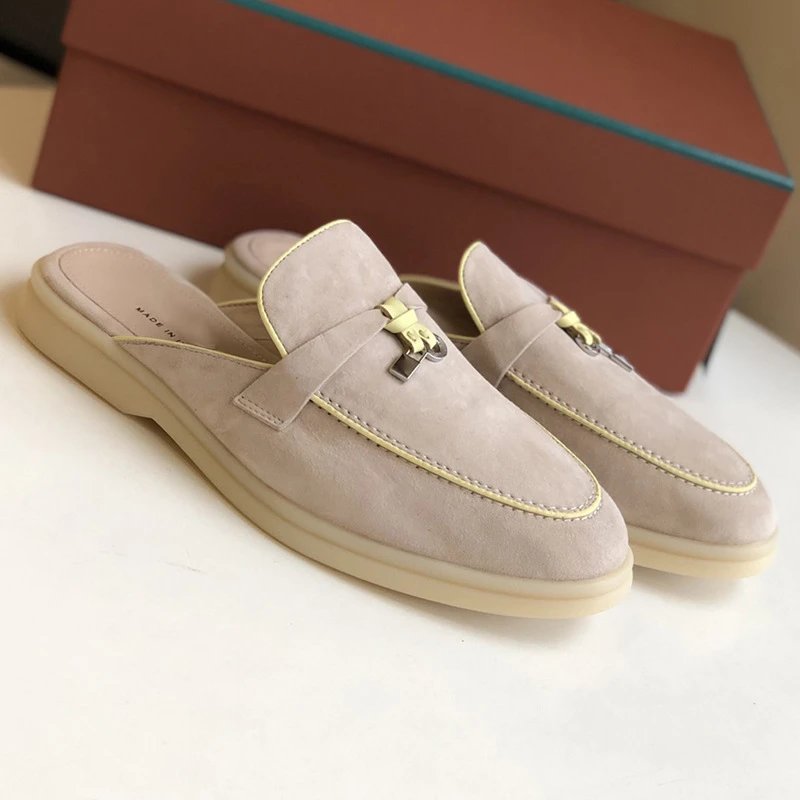Unbranded Slippers Suede Loafer Mules with Metal Ornament — Naked/Yellow [original elevation version】