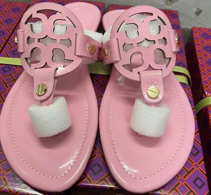 Tory Burch Sandals Double-T Logo Thong Flat — Pink glitter