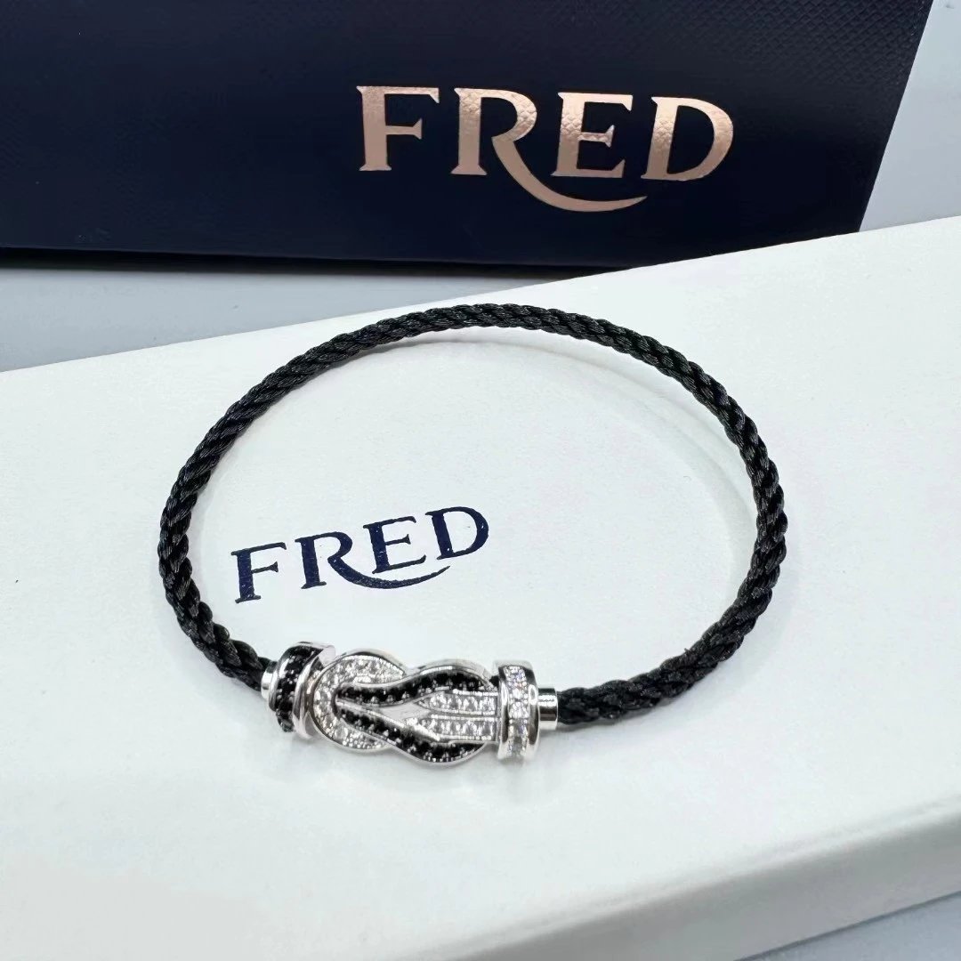 FRED Jewelry Force 10 braided cord buckle bracelet — Medium-sized figure-eight clasp, platinum panda, black cord