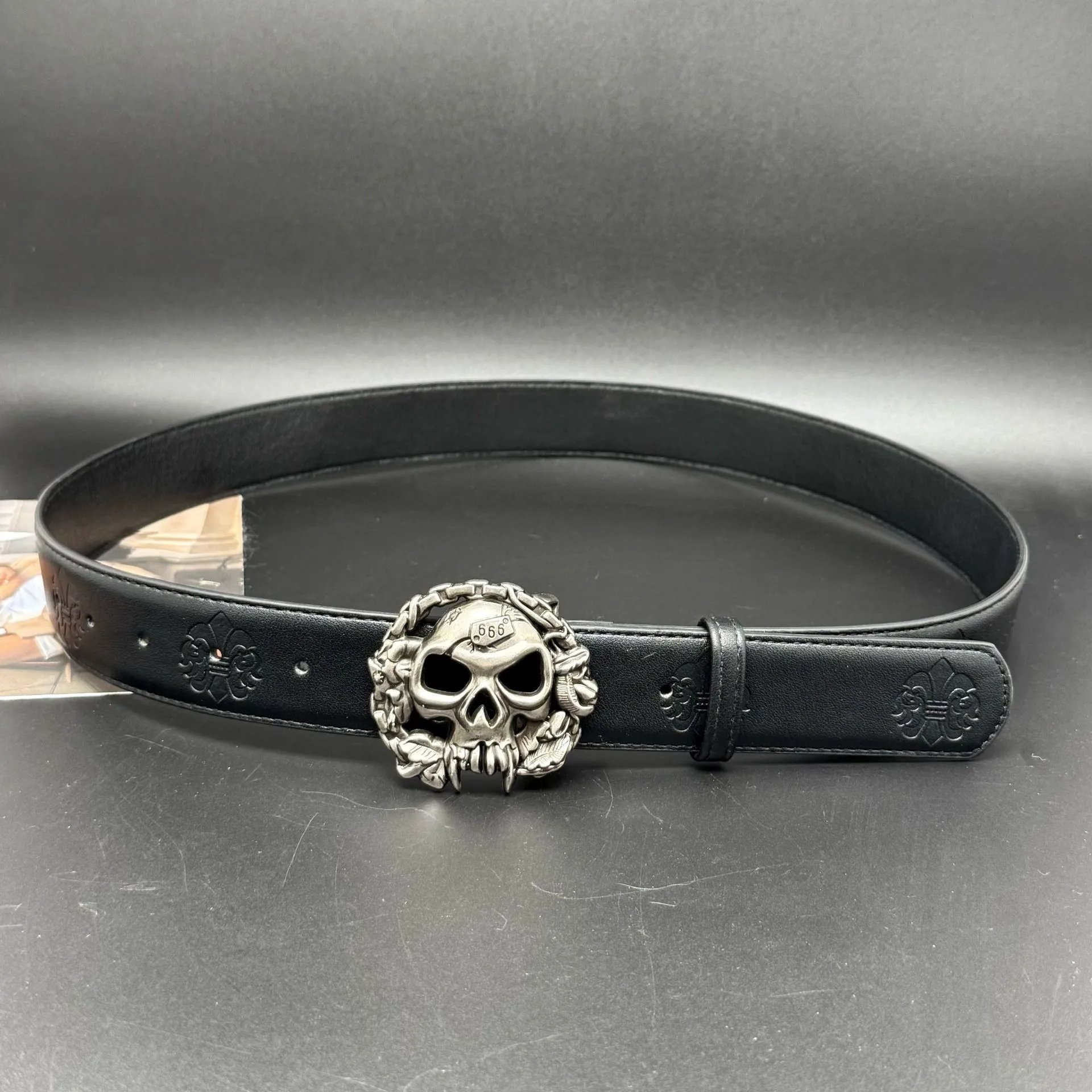 Unbranded Belts Embossed Cross Pattern with Ornamental Buckle — Round skull