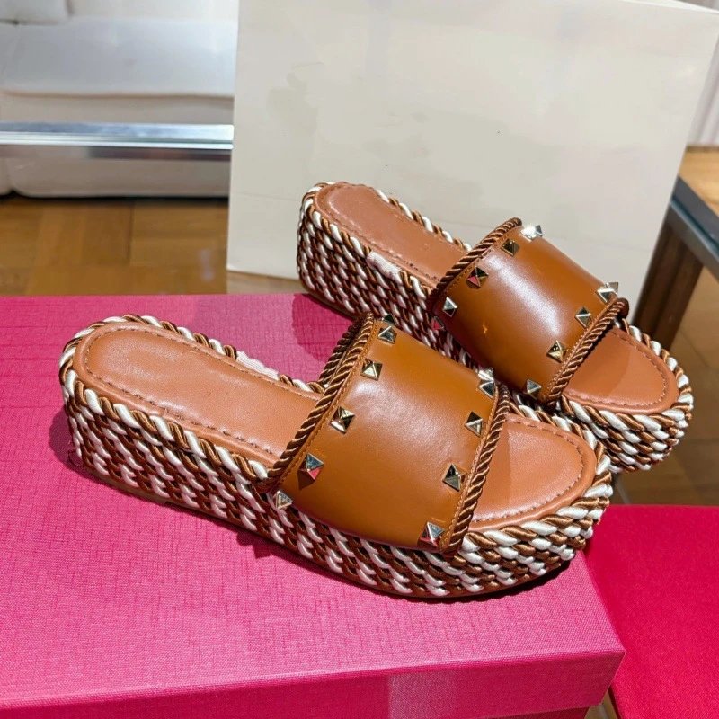 Unbranded Sandals Studded woven-rope platform slide — Light brown