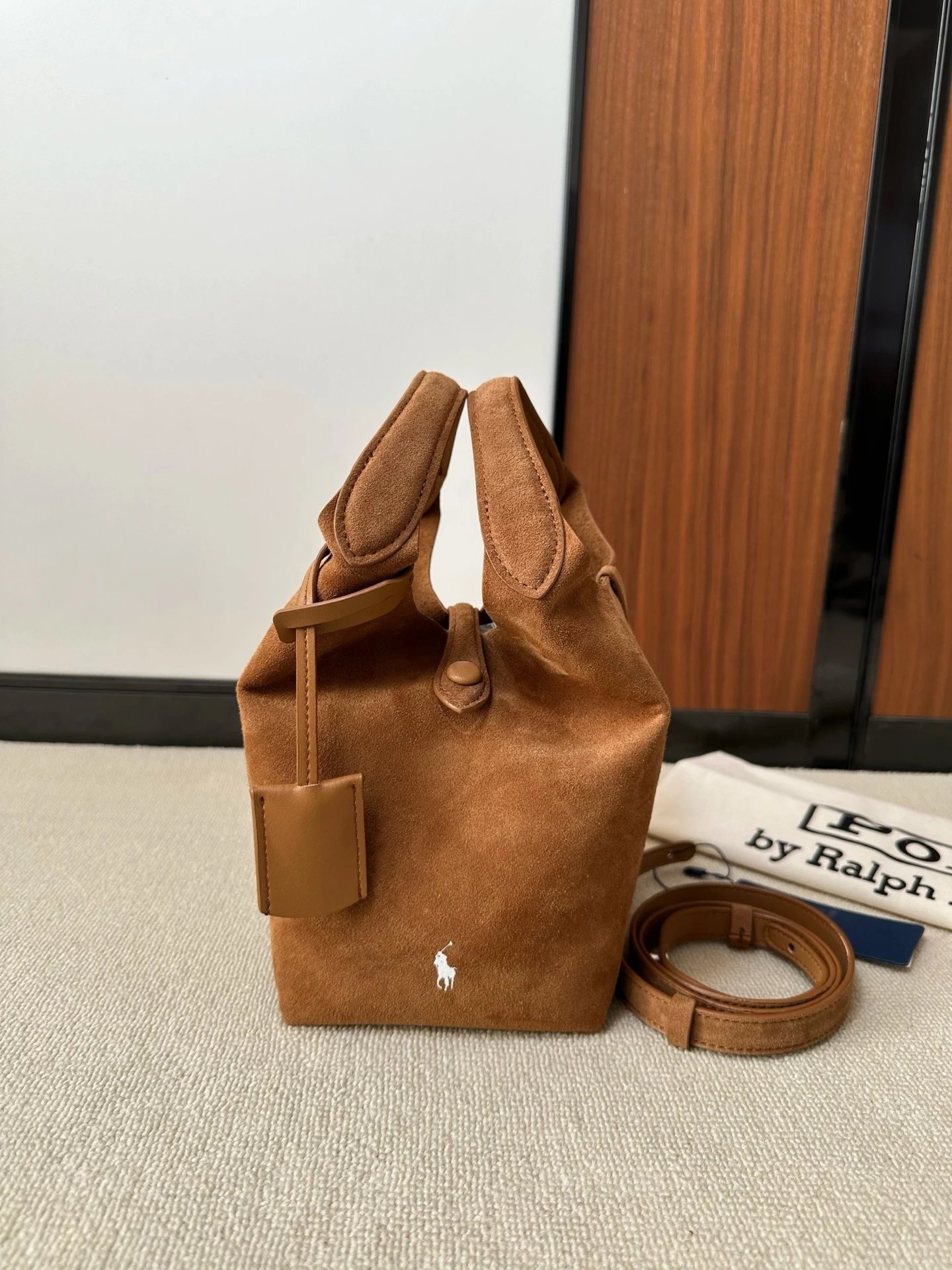 Polo Ralph Lauren Handbags Suede small tote bag with pony embroidery — Camel color