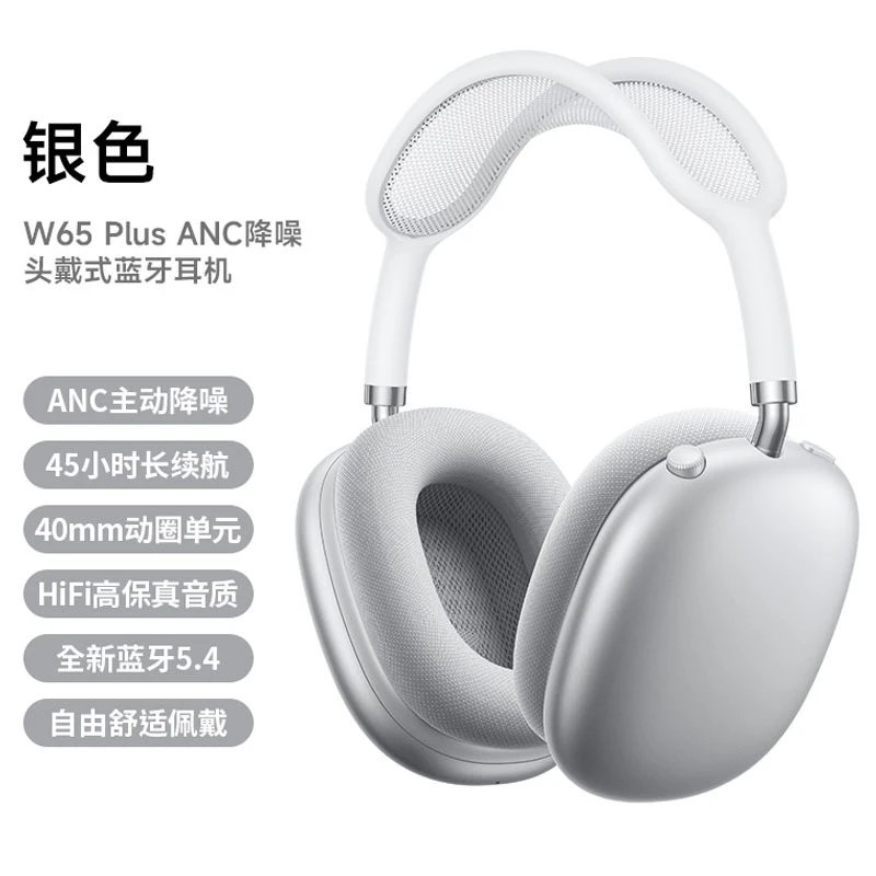 BOROFONE Headphones BO22 Wireless Bluetooth Over-Ear — W65 Plus Silver [ANC Noise-Cancellation Version]