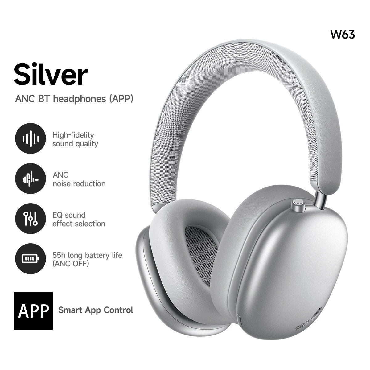 BOROFONE Headphones BO22 Wireless Bluetooth Over-Ear — W 63 Silver【ANC Noise cancellation+APP Operation】