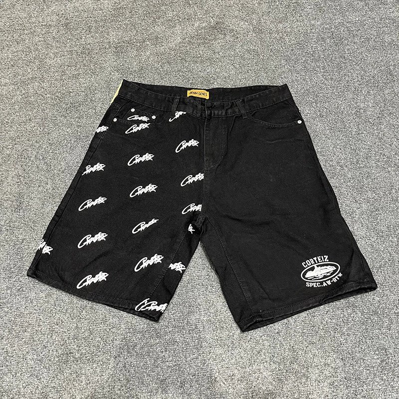Corteiz Shorts Alcatraz logo print — denim black shorts