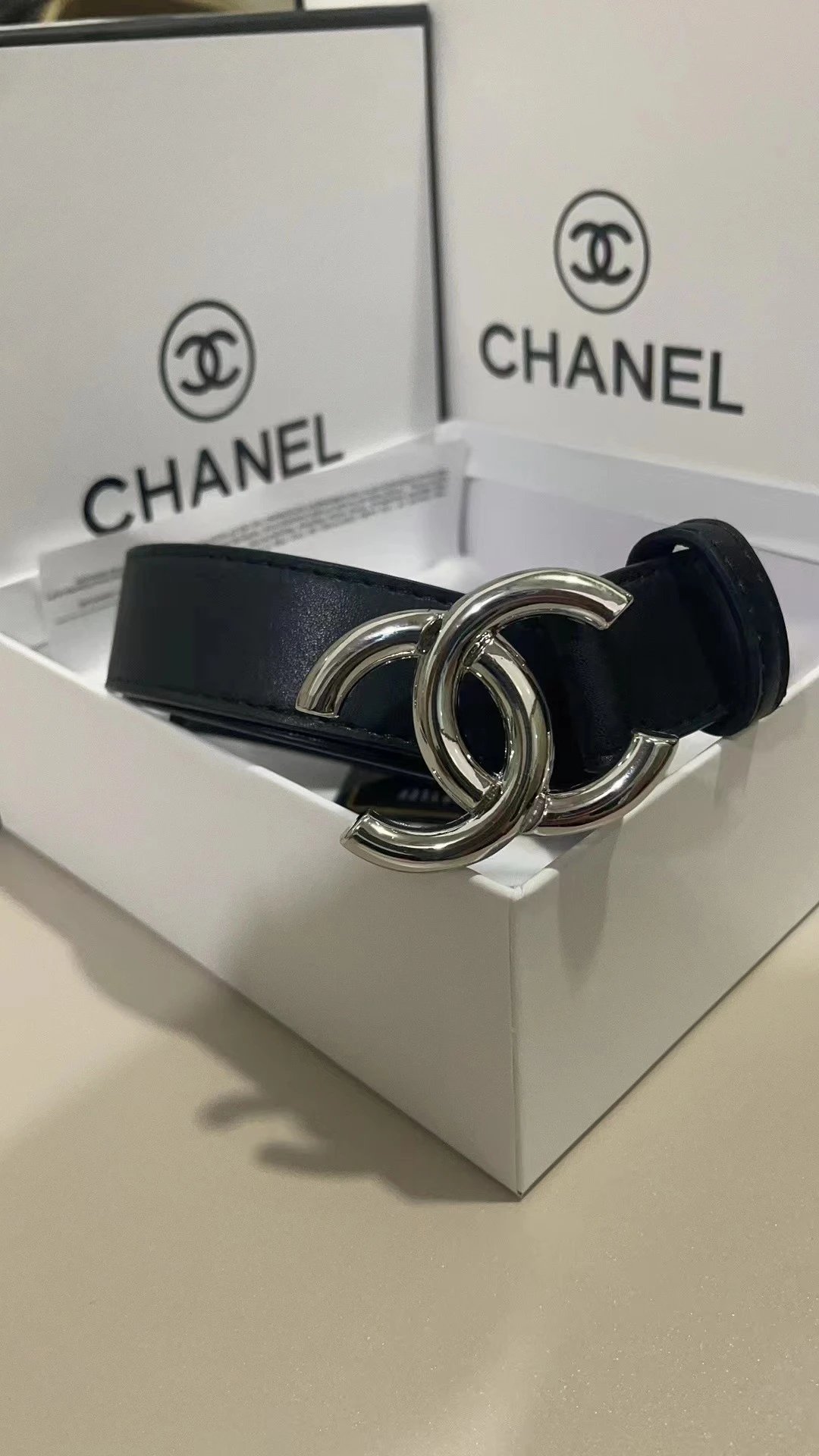 Chanel Belts Rhinestone Interlocking CC Buckle — Silver buckle black belt