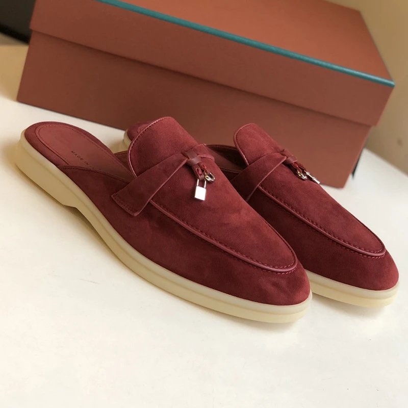 Unbranded Slippers Suede Loafer Mules with Metal Ornament — Wine Red/Red [original elevation version】