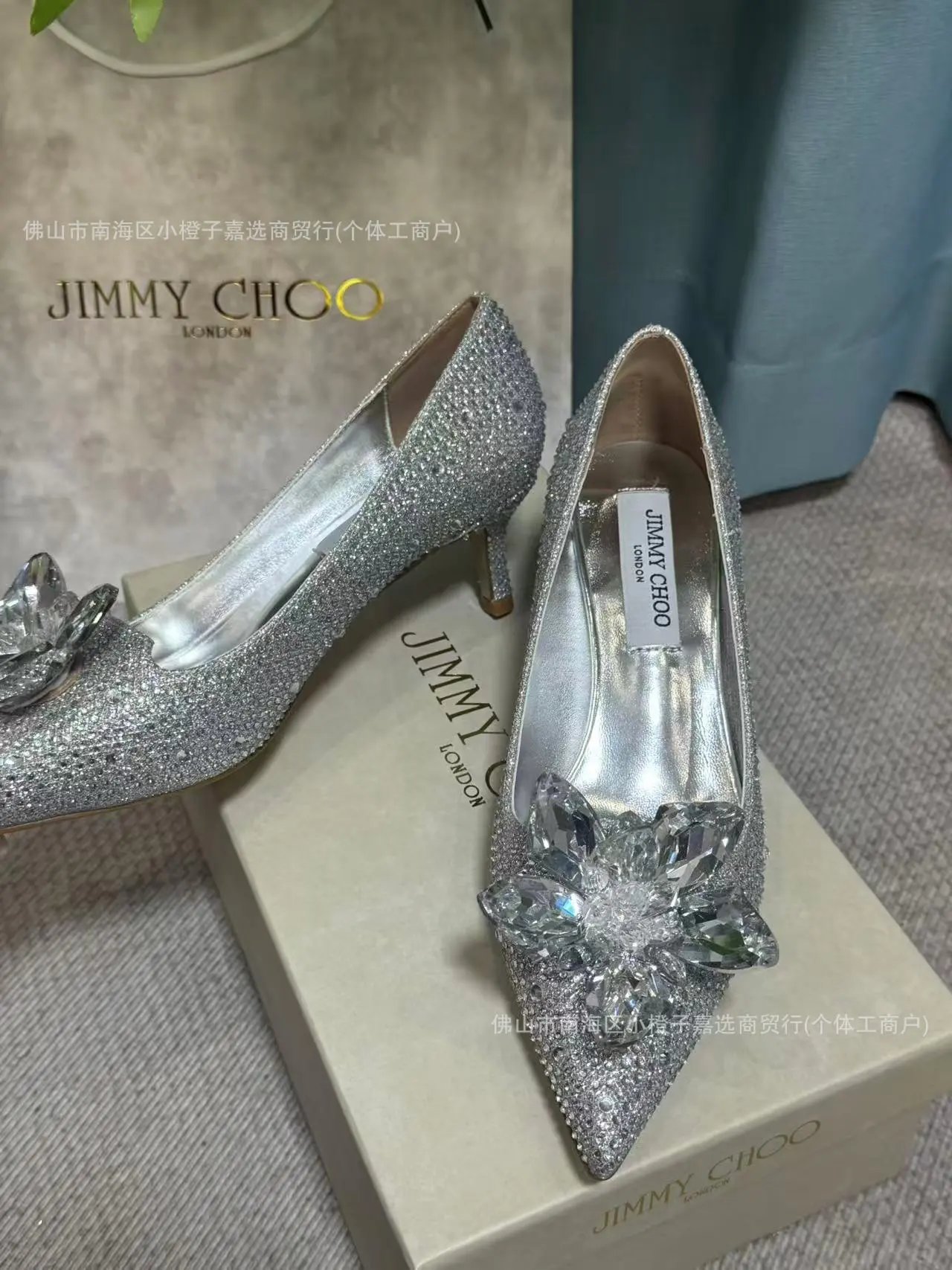 Jimmy Choo High Heels Pointed-Toe Crystal Flower Pumps — Silver 5cm