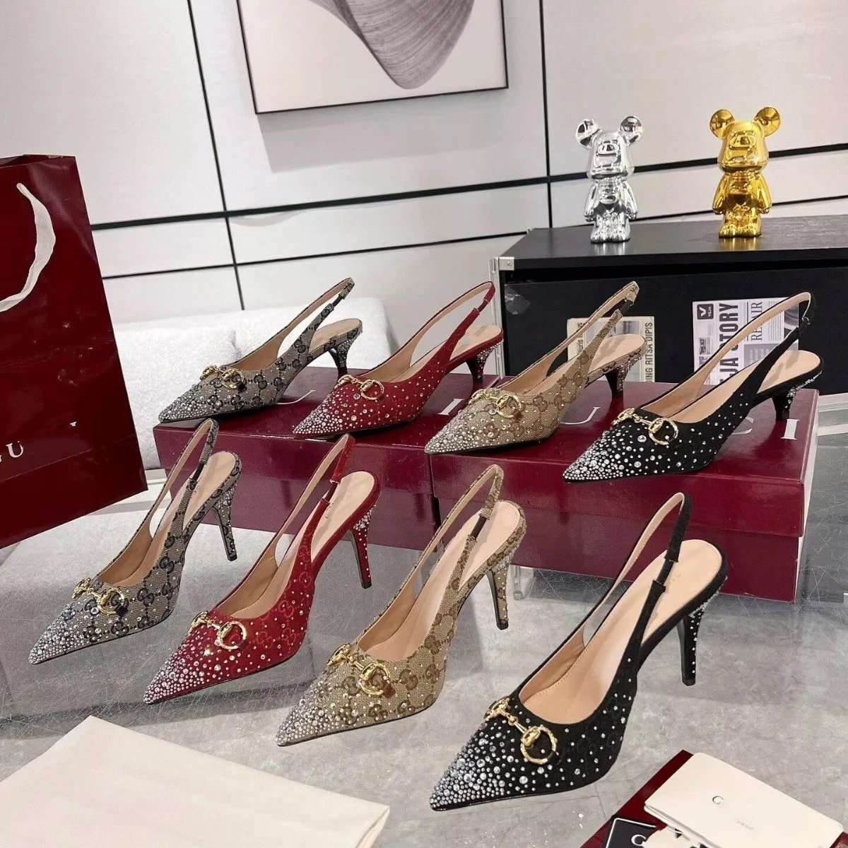Gucci High Heels Rhinestone Pointed-Toe Horsebit Slingback product image