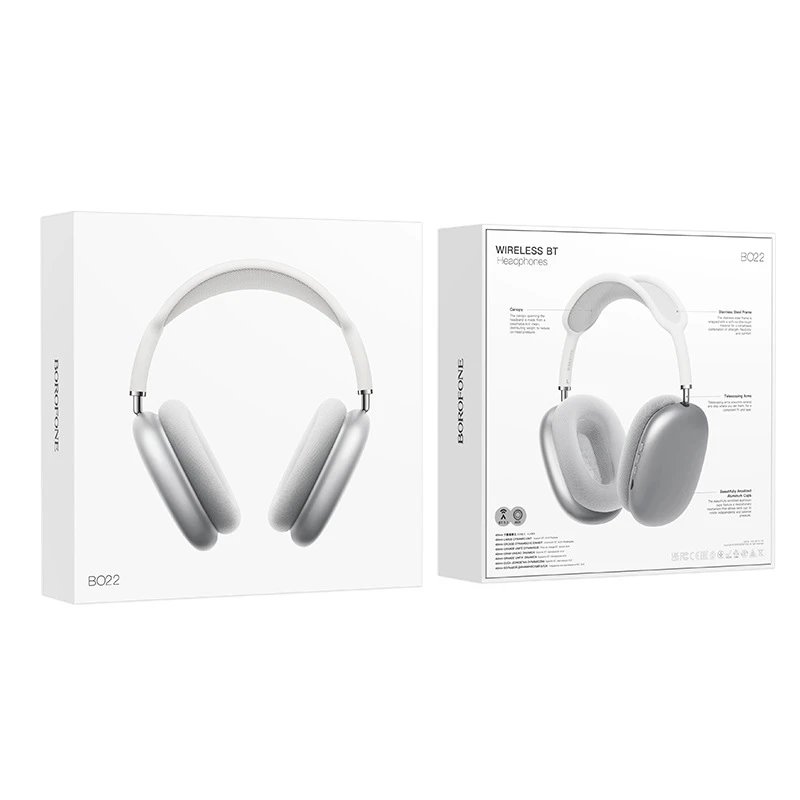 BOROFONE Headphones BO22 Wireless Bluetooth Over-Ear — Silver [color box packaging] Bluetooth 5.3