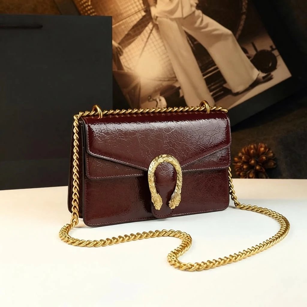 Unbranded Crossbody Bags Flap bag with chain strap and textured U-shaped clasp — Wine red