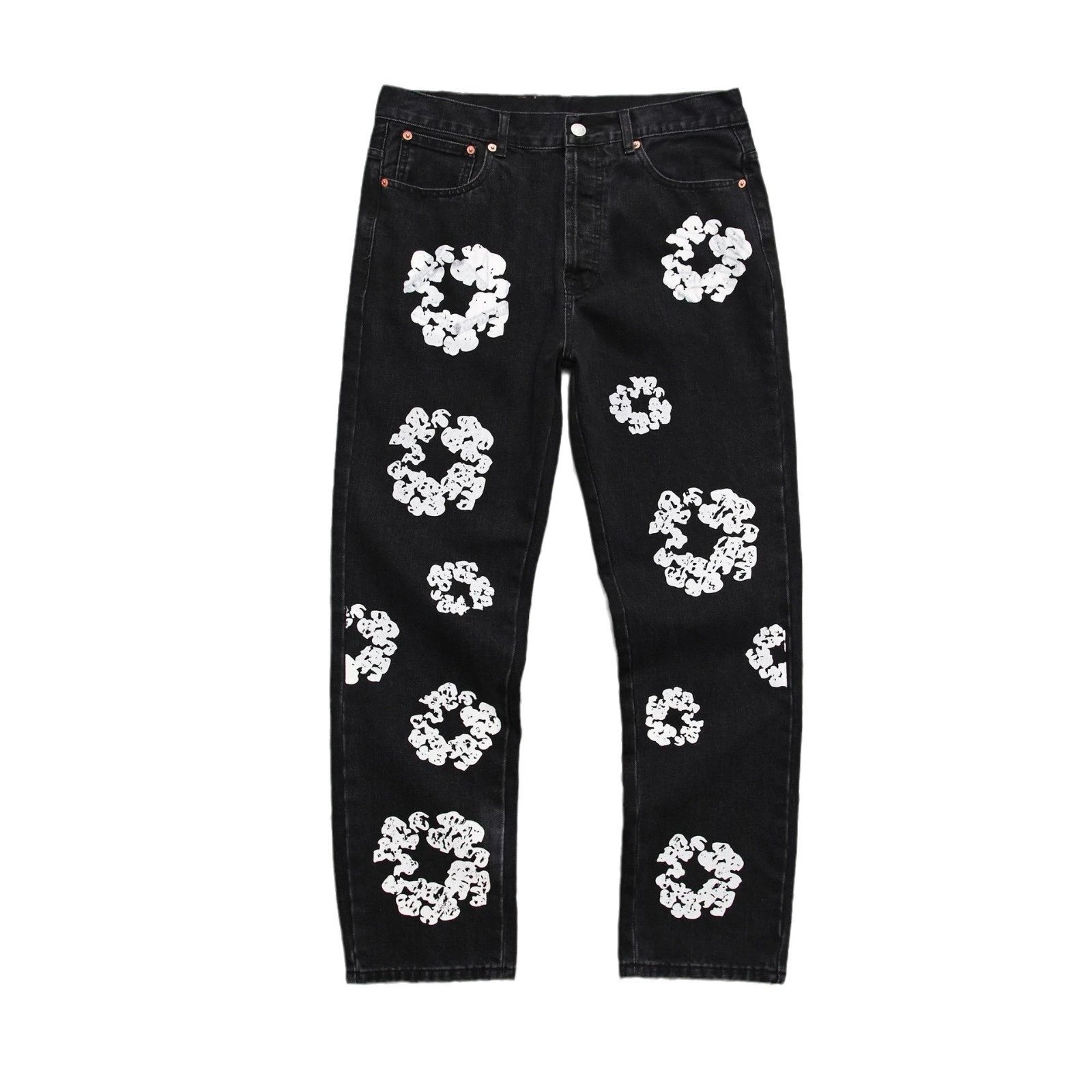 Levi's Jeans 501 White Floral Wreath Print — 【Plum Blossom】Black jeans (white wreath)