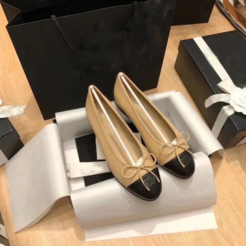 Chanel Casual Shoes Ballet Flats with Bow and CC Toe Logo — Champagne color