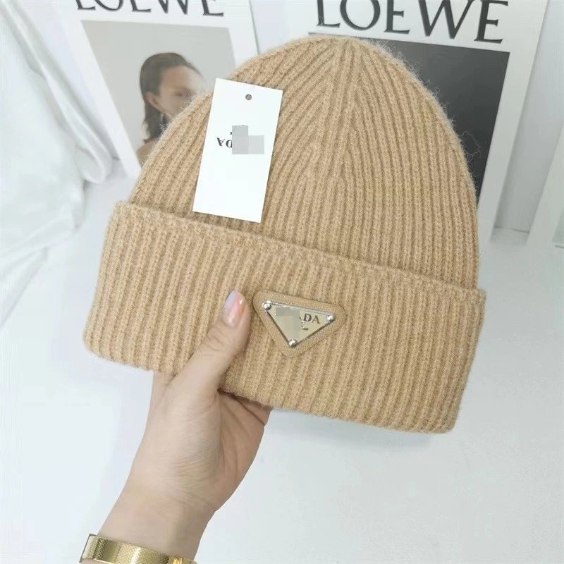 Prada Hats Ribbed Knit Beanie with Triangle Logo Plaque — Khaki