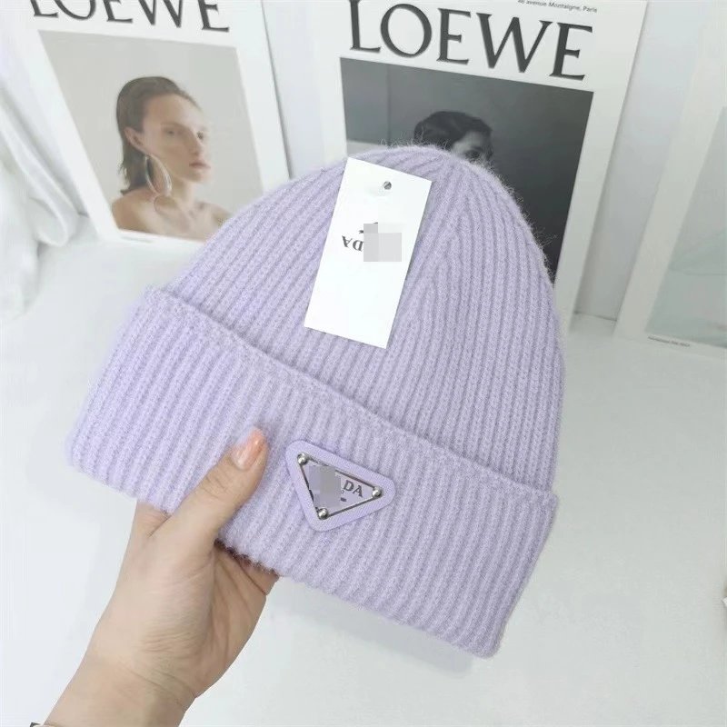 Prada Hats Ribbed Knit Beanie with Triangle Logo Plaque — Light purple