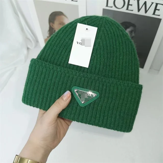 Prada Hats Ribbed Knit Beanie with Triangle Logo Plaque product detail image 3