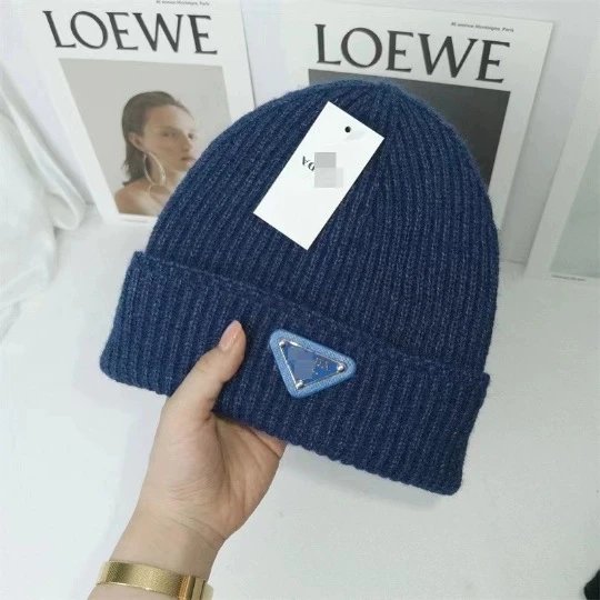 Prada Hats Ribbed Knit Beanie with Triangle Logo Plaque — Violet-blue