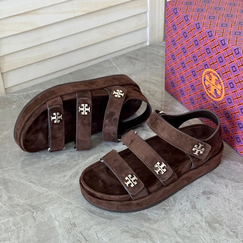 Tory Burch Sandals Kira platform with logo-embellished adjustable straps — Dark brown
