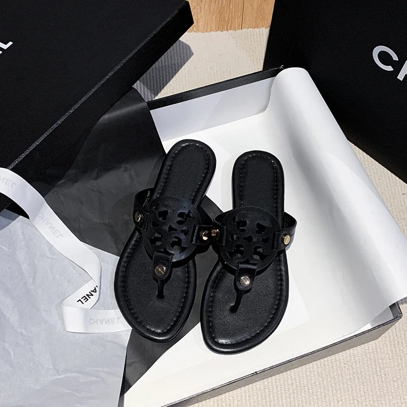Tory Burch Sandals Double-T Logo Thong Flat — Black