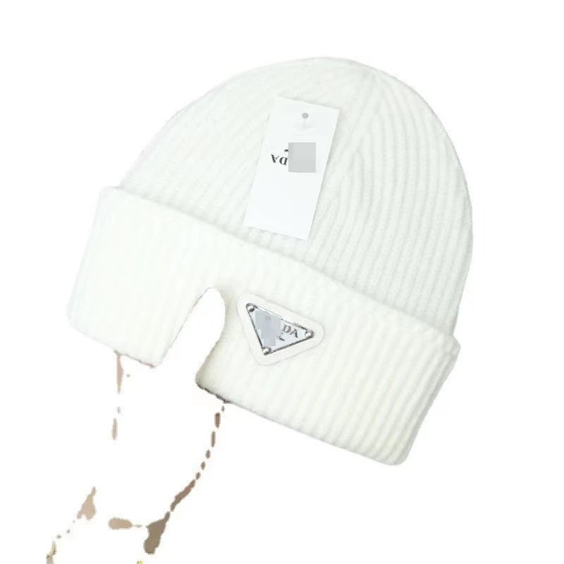 Prada Hats Ribbed Knit Beanie with Triangle Logo Plaque — white