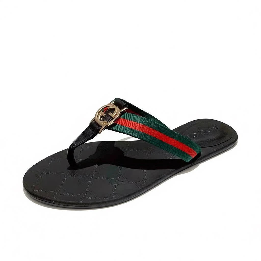 Gucci Sandals Flat thong with Double G hardware — Embossed red green