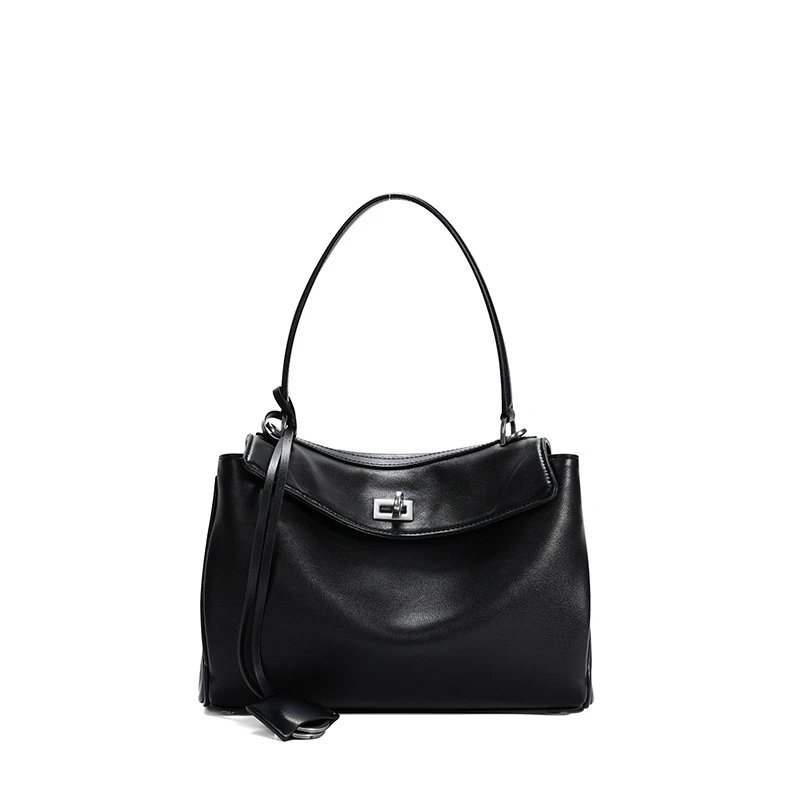 Unbranded Handbags Top-handle handbag with flap and turn-lock closure — Small black silver (high-grade cowhide)