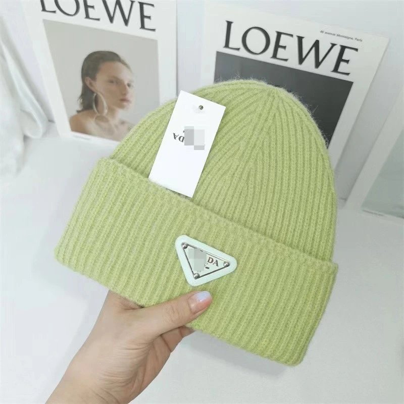 Prada Hats Ribbed Knit Beanie with Triangle Logo Plaque — Matcha color