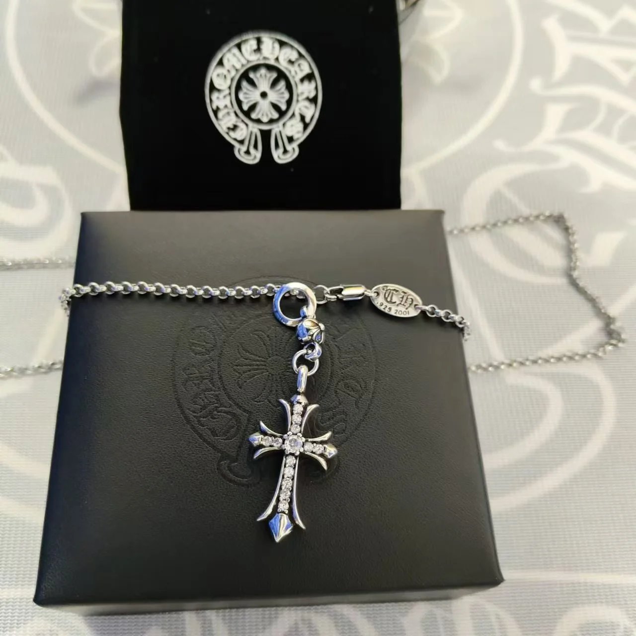 Chrome Hearts Jewelry Gothic Cross Pendant Necklace — Cross pendant with rhinestones and a pearl chain
