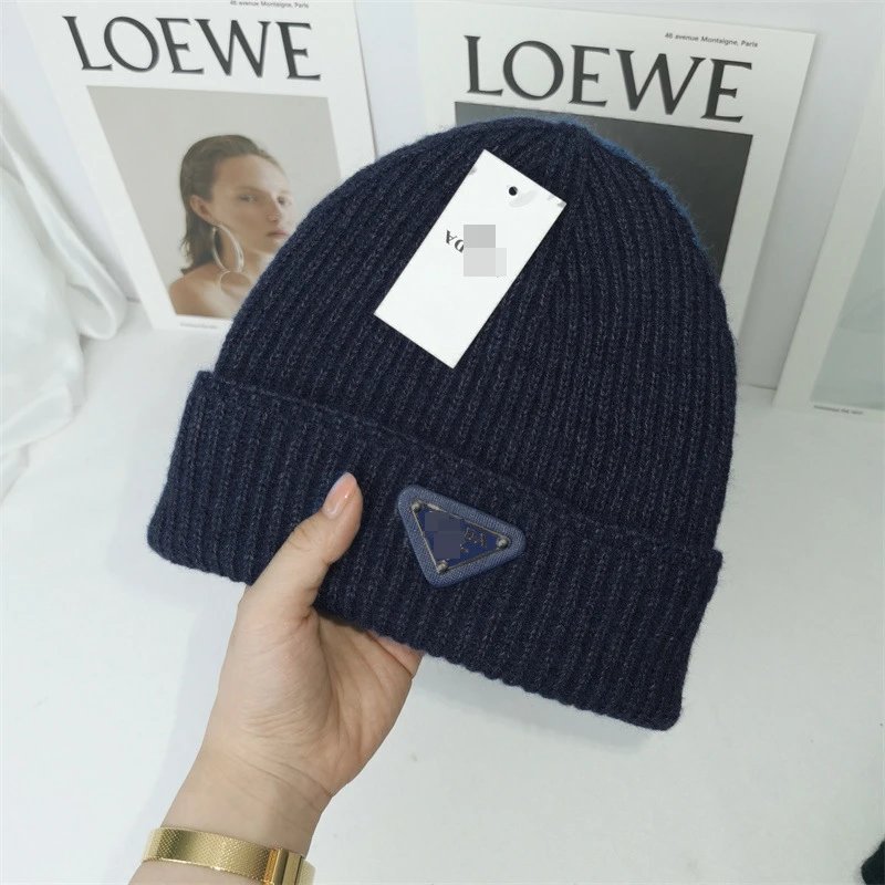 Prada Hats Ribbed Knit Beanie with Triangle Logo Plaque — Navy Blue