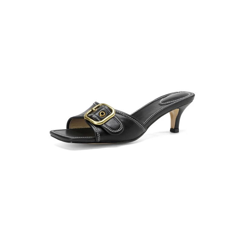 Coach Sandals Square-Toe Buckle Kitten-Heel Slide — Solid black