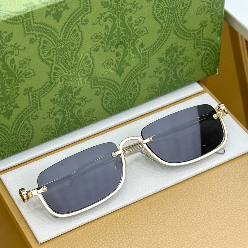 Gucci Eyewear Rectangular metal-frame sunglasses with GG-pattern lenses — Gold frame black film (with original box)
