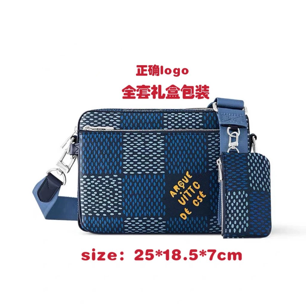 Unbranded Crossbody Bags bag with detachable pouch — N40694 Large Blue Plaid Three-Piece Set