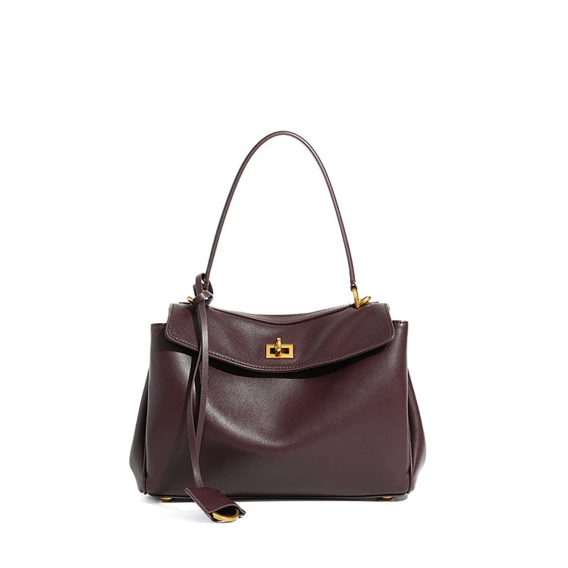 Unbranded Handbags Top-handle handbag with flap and turn-lock closure — Wine red small gold buckle (high quality cowhide)